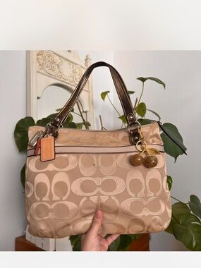 Coach Signature Beige Shoulder Bag with Brown Leather Handles